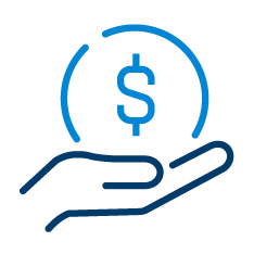 Icon of a hand with a dollar sign inside a circular border above it, symbolizing financial support or transaction. The design, in blue on a white background, resonates with the efficiency and responsibility inherent in freight agent training.