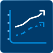 Line Graph Icon of a blue graph on a dark blue background. It features two upward-trending lines: a solid white line and a dashed blue line, each finishing with an arrow. The graph suggests growth or progress, ideal for illustrating the dynamic nature of a 3PL company.