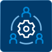 People Circle Gear Three blue human icons arranged in a circle around a white gear icon on a navy blue background, symbolizing teamwork and collaboration in the 3PL company.
