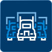 Three Trucks Icon of three stylized trucks in a row, outlined in white and blue on a dark blue background, symbolizing the efficiency and reliability of a 3PL company.