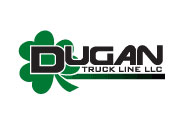 Logo for Dugan Truck Line LLC featuring a green four-leaf clover alongside the word DUGAN in bold, black letters, symbolizing their dependable Freight Shipping Services.