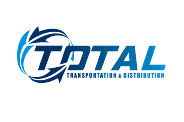The logo of Total Transportation & Distribution showcases TOTAL in bold blue capitals, with arrows forming a partial circle to the left, symbolizing their Freight Shipping Services. Below, TRANSPORTATION & DISTRIBUTION is elegantly displayed in smaller text.