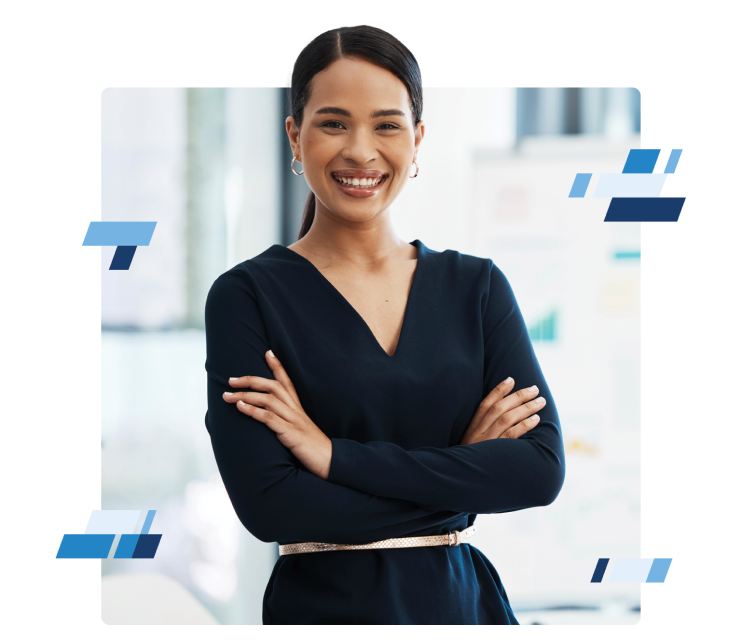 cta-3 Smiling person with long dark hair in a ponytail, wearing a navy blue outfit that suggests expertise in transportation management systems. They stand with arms crossed in a bright room, framed by geometric blue shapes at the edges.