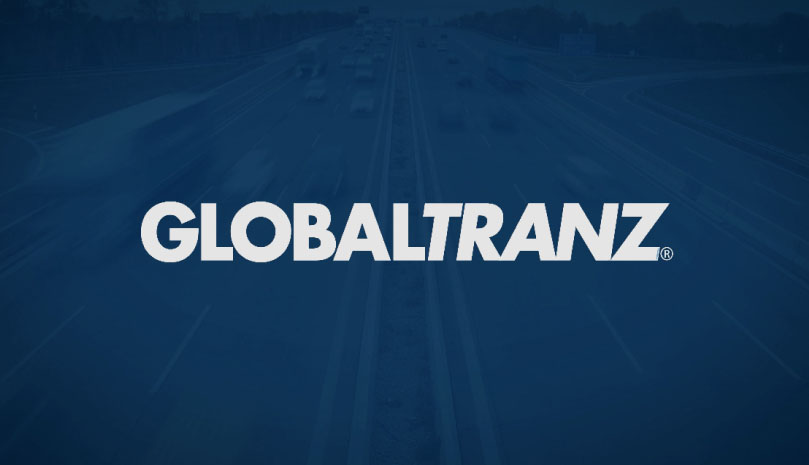 Blue background featuring the bold, white text GlobalTranz, centered with a faint image of a highway behind it, symbolizing the journey and opportunity for Independent Freight Agents.