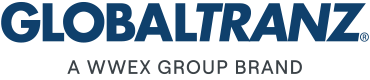 Logo for GlobalTranz with bold blue text in a Header Light style and a subtitle below reading A WWEX Group Brand in smaller gray letters on a light background.
