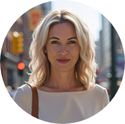 A woman with wavy blonde hair and light skin smiles slightly while standing outdoors on a city street, wearing a white top and carrying a brown shoulder bag. The background is softly out of focus.