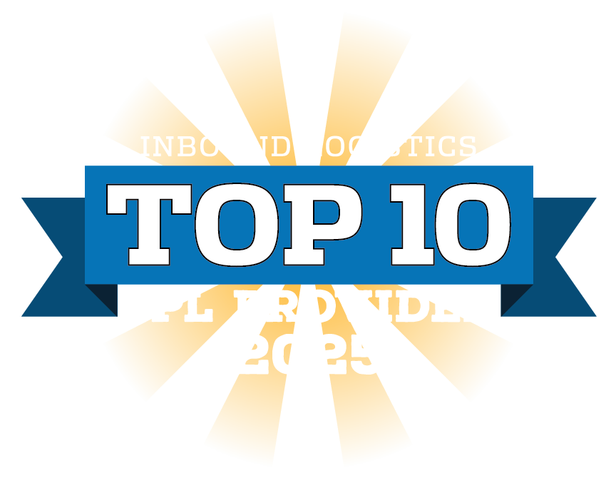 top10_3pl_2025_cmyk_vector-Rev A badge with yellow rays and a blue ribbon reads Top 10 in bold white letters, with Inbound Logistics and 3PL provider 2023 faintly visible in the background.