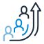 Arrow-Going-Up-Icon Three outlined human figures arranged diagonally with an upward-curving arrow next to them, symbolizing growth, progress, or advancement.