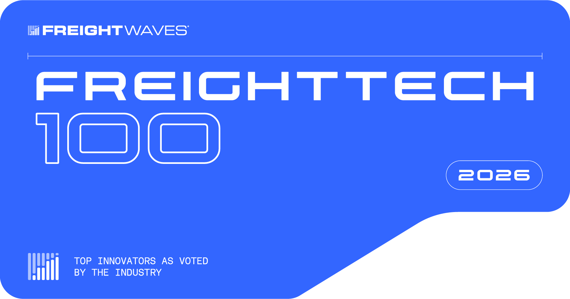 A blue graphic with white text that reads FreightWaves FreightTech 100 2026 and Top Innovators as Voted by the Industry, featuring stylized design elements, logos, and recognizing advancements in Freight Agent Software.