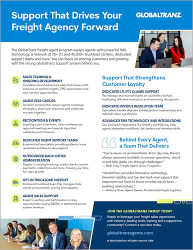 A promotional flyer for GlobalTranz’s Freight Agent program details its benefits, including top-tier Freight Agent Support, sales training, technology, team photos, and contact info—encouraging agents to join today.
