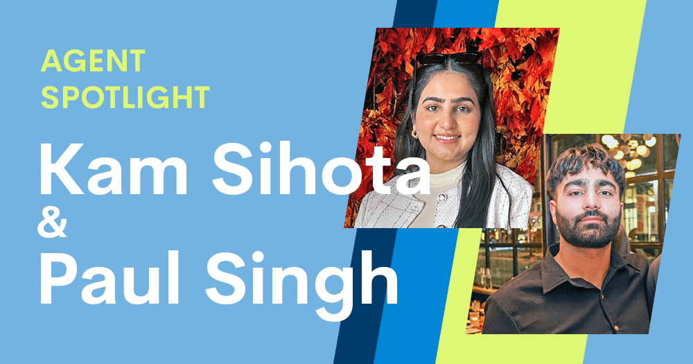 Agent Spotlight: GlobalTranz freight agent Kam Sihota and Paul Singh. The image features photos of Kam Sihota and Paul Singh beside text on a blue and yellow background.