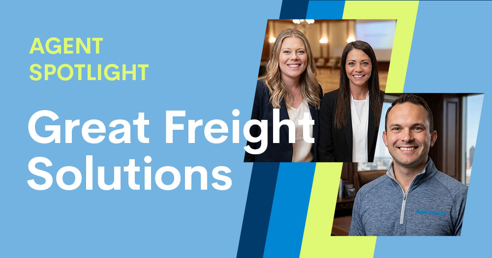 Promotional graphic with the text Agent Spotlight: Great Freight Solutions, featuring photos of two women in business attire and one man in a casual zip-up—showcasing success stories from diverse freight agent career paths.