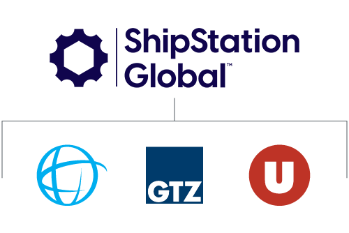 Diagram showing ShipStation Global at the top, connected below to three logos: a blue globe, a blue square labeled GTZ, and a red circle with a white U—highlighting its integration with the GlobalTranz agent program to demonstrate why it's trusted by those seeking the best freight agent company partnerships.