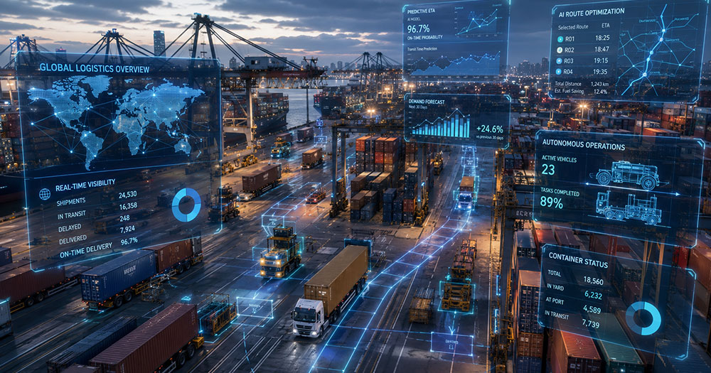 A busy cargo port at night with shipping containers, cranes, and trucks. Digital data overlays show logistics info, graphs, world map, and container stats—illustrating technology in modern shipping operations and highlighting the importance of freight agent support for seamless coordination.