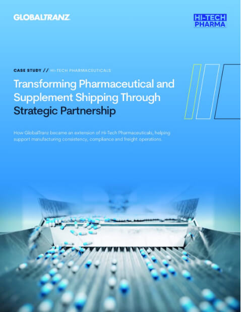 Cover page for a case study titled Transforming Pharmaceutical and Supplement Shipping Through Strategic Partnership, featuring blurred images of pills and packaging machines, with the logos of GlobalTranz and Hi-Tech Pharma. The design highlights the critical role of supplement manufacturing logistics in streamlining operations and delivering innovative solutions to clients.